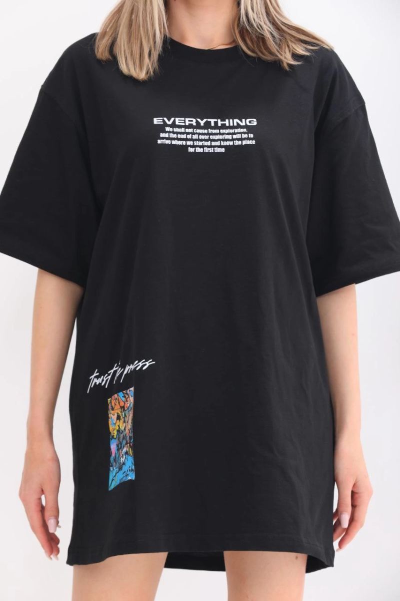 kadın  Bisiklet Yaka Baskılı Oversize T-Shirt - Siyah