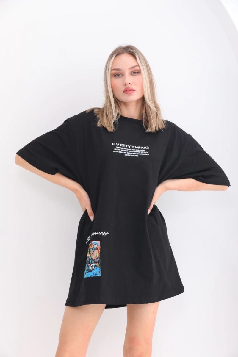 kadın  Bisiklet Yaka Baskılı Oversize T-Shirt - Siyah