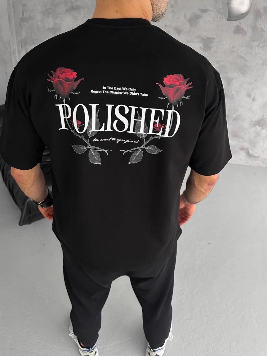 Erkek Kısa Kol Yazlık Tişört Bisiklet Yaka Baskılı Oversize T-Shirt - Siyah