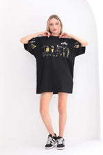 Kadın Kısa Kol Yazlık Tişört Bisiklet Yaka Baskılı Oversize T-Shirt - Siyah