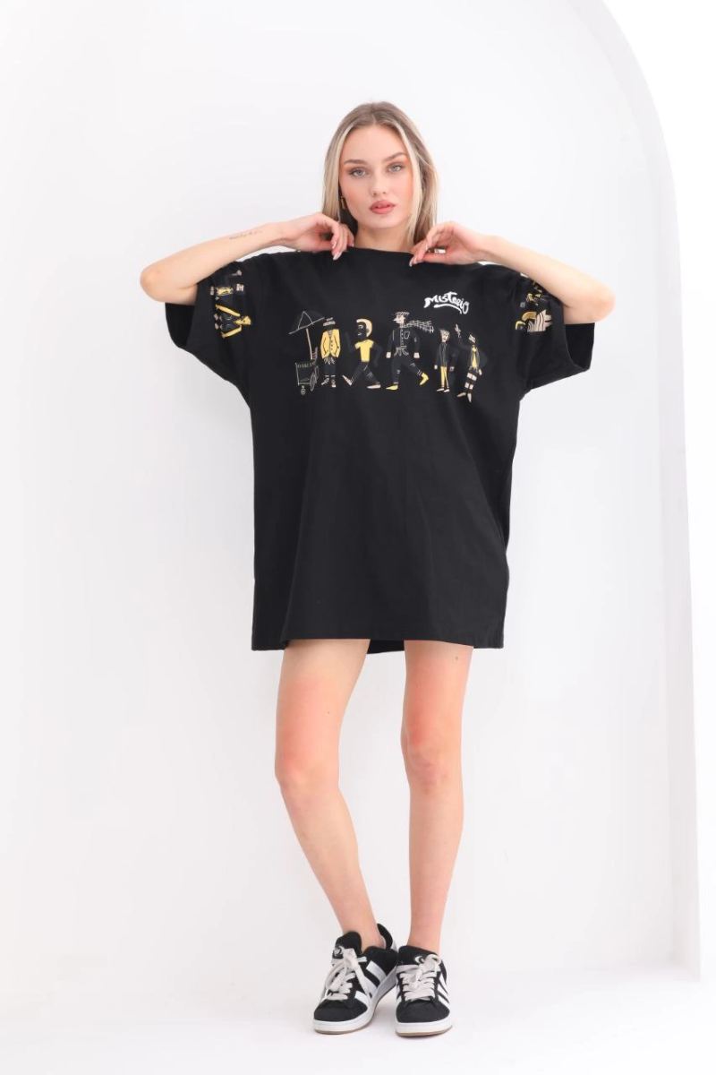 Kadın Kısa Kol Yazlık Tişört Bisiklet Yaka Baskılı Oversize T-Shirt - Siyah