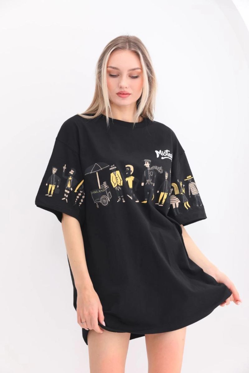 Kadın Kısa Kol Yazlık Tişört Bisiklet Yaka Baskılı Oversize T-Shirt - Siyah