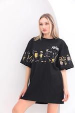 Kadın Kısa Kol Yazlık Tişört Bisiklet Yaka Baskılı Oversize T-Shirt - Siyah