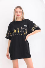 Kadın Kısa Kol Yazlık Tişört Bisiklet Yaka Baskılı Oversize T-Shirt - Siyah