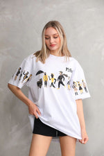 kadın Bisiklet Yaka Baskılı Oversize T-Shirt - Beyaz