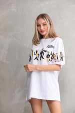 kadın Bisiklet Yaka Baskılı Oversize T-Shirt - Beyaz