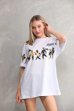 kadın Bisiklet Yaka Baskılı Oversize T-Shirt - Beyaz