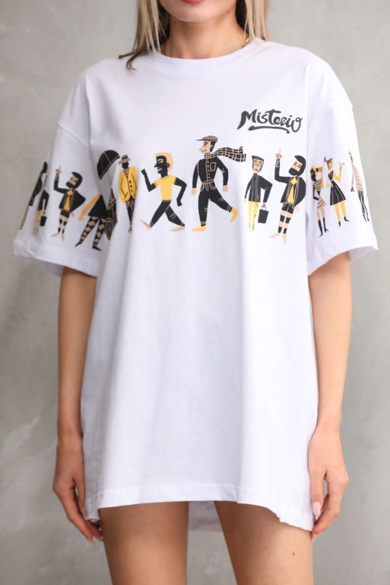 kadın Bisiklet Yaka Baskılı Oversize T-Shirt - Beyaz