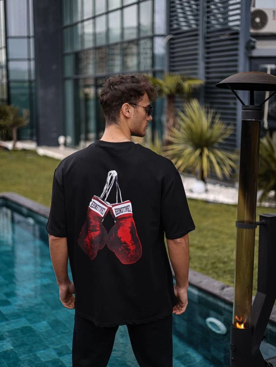 Erkek Kısa Kol Tişört Bisiklet Yaka Box Eldiven Baskılı T-Shirt -  Siyah
