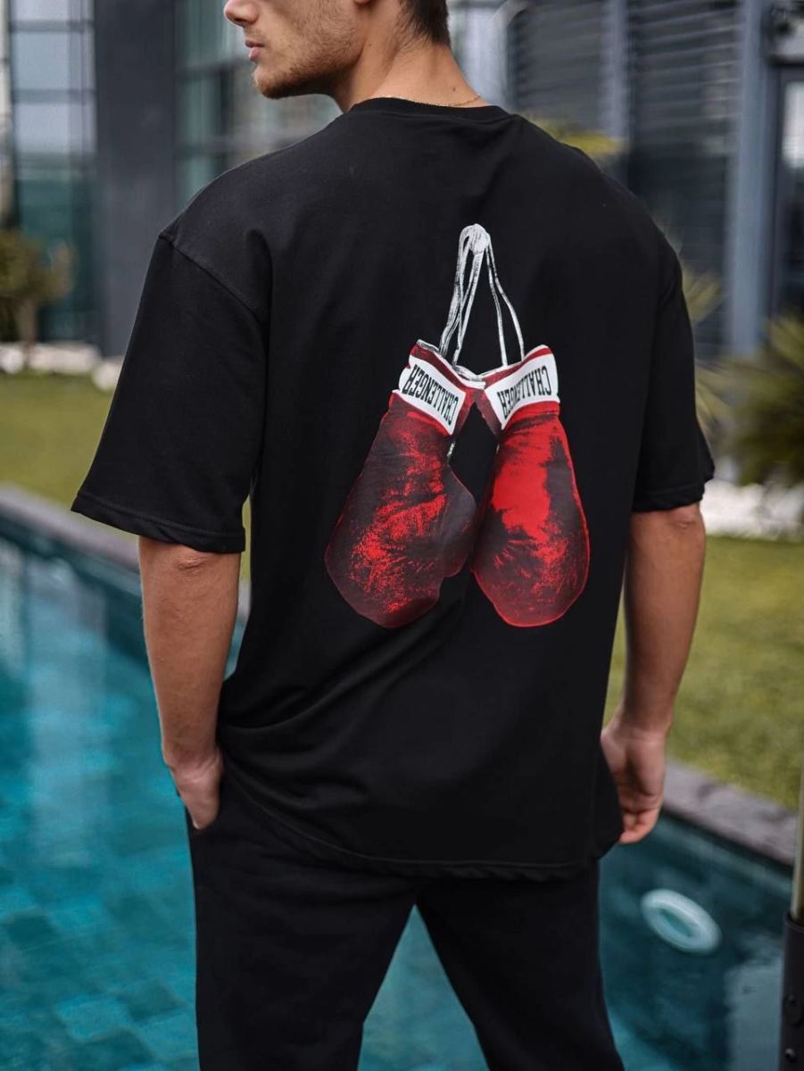 Erkek Kısa Kol Tişört Bisiklet Yaka Box Eldiven Baskılı T-Shirt -  Siyah