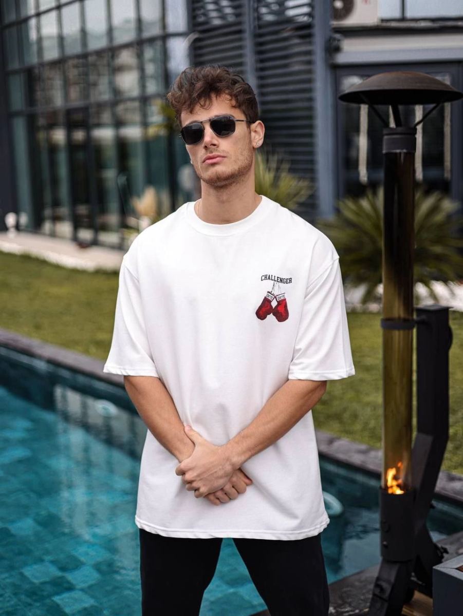 Erkek Kısa Kol Tişört Bisiklet Yaka Boxy Eldiven Baskılı T-Shirt - Beyaz