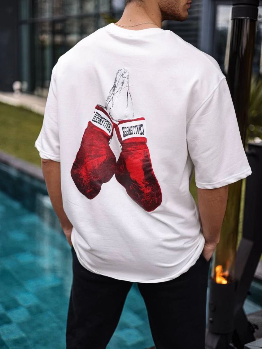Erkek Kısa Kol Tişört Bisiklet Yaka Boxy Eldiven Baskılı T-Shirt - Beyaz