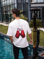 Erkek Kısa Kol Tişört Bisiklet Yaka Boxy Eldiven Baskılı T-Shirt - Beyaz