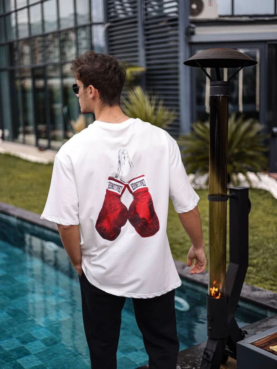 Erkek Kısa Kol Tişört Bisiklet Yaka Boxy Eldiven Baskılı T-Shirt - Beyaz