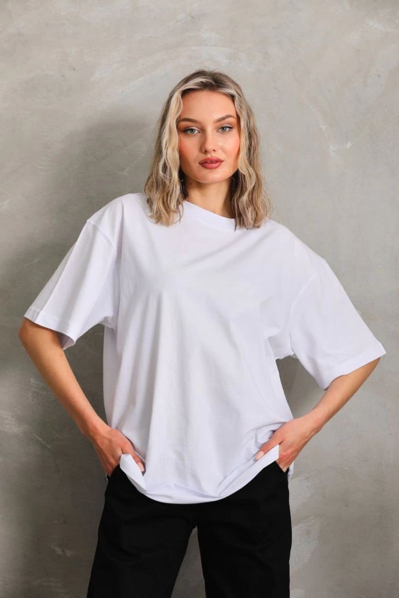 Kadın Düz  Kısa kol Penye T-shirt - Beyaz