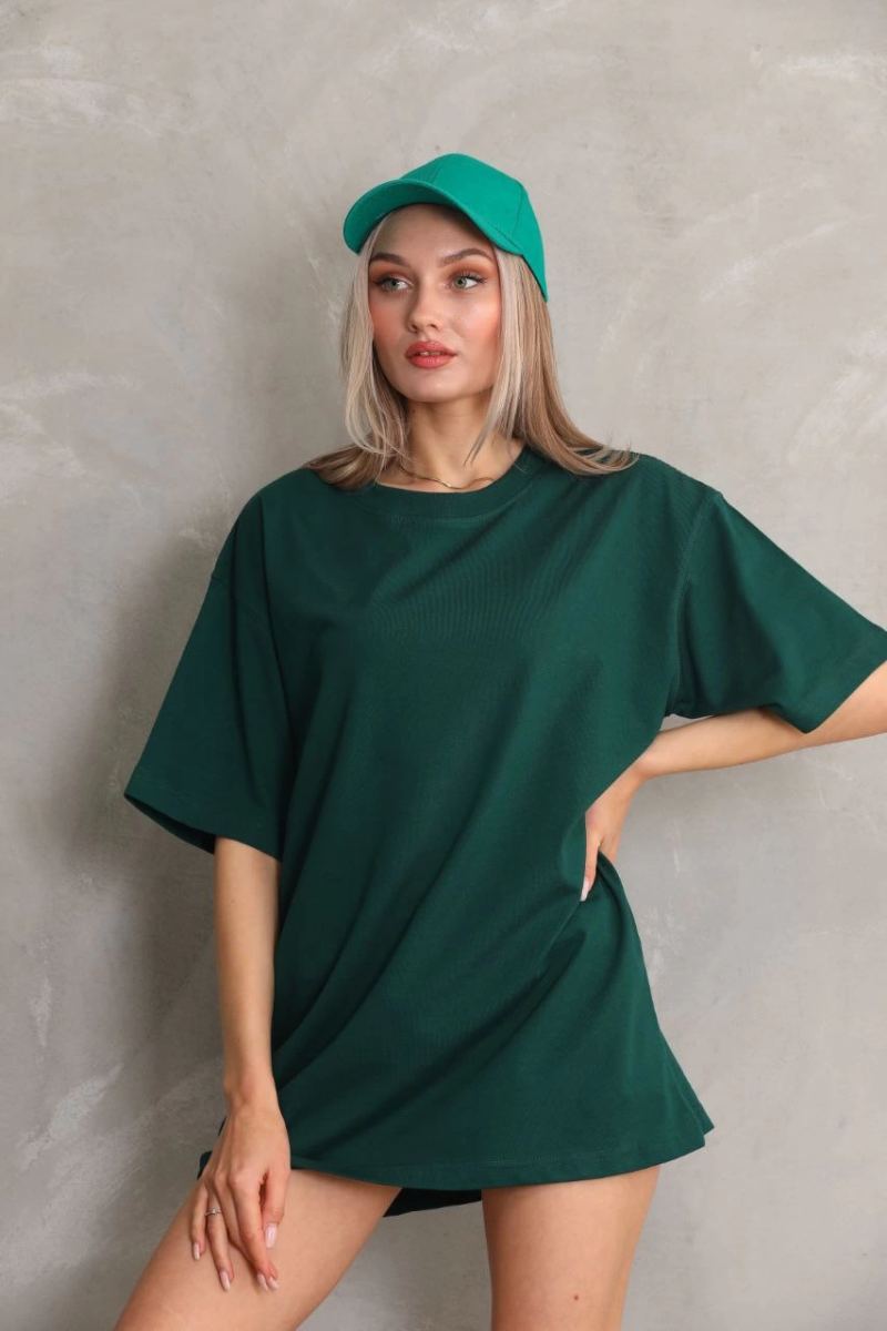 Kadın Düz  Kısa kol Penye T-shirt- Yeşil