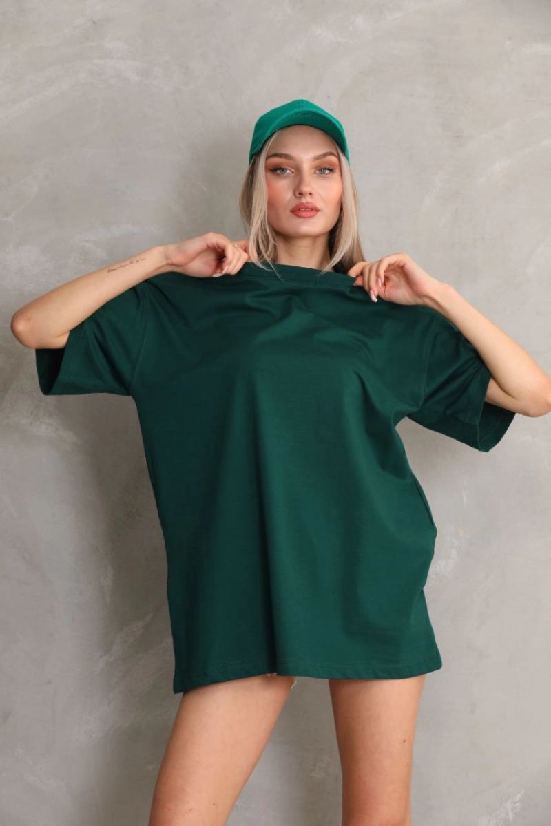 Kadın Düz  Kısa kol Penye T-shirt- Yeşil