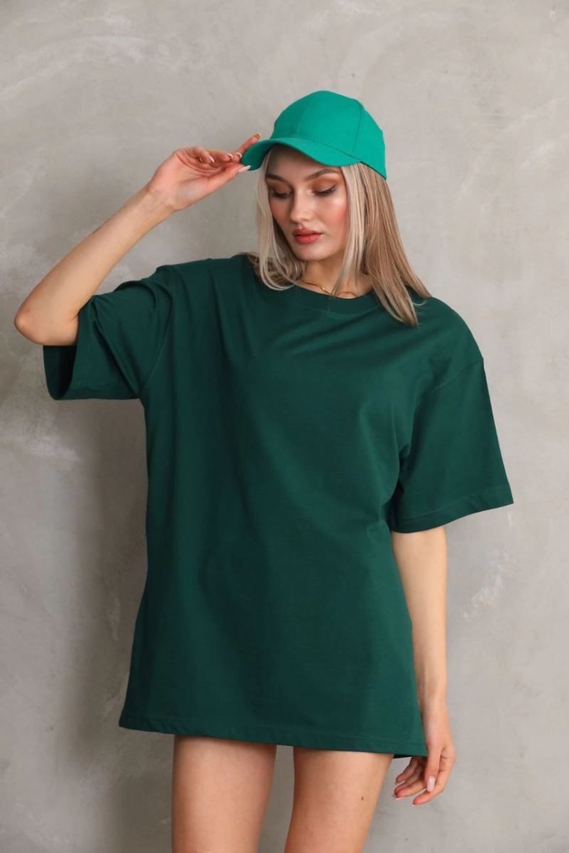 Kadın Düz  Kısa kol Penye T-shirt- Yeşil