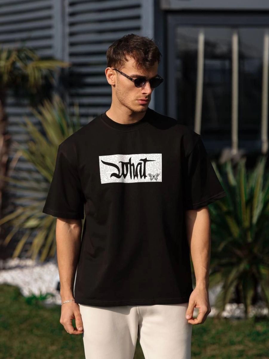 Erkek Kısa Kol Yazlık Tişört Bisiklet Yaka Baskılı Oversize T-Shirt - Siyah
