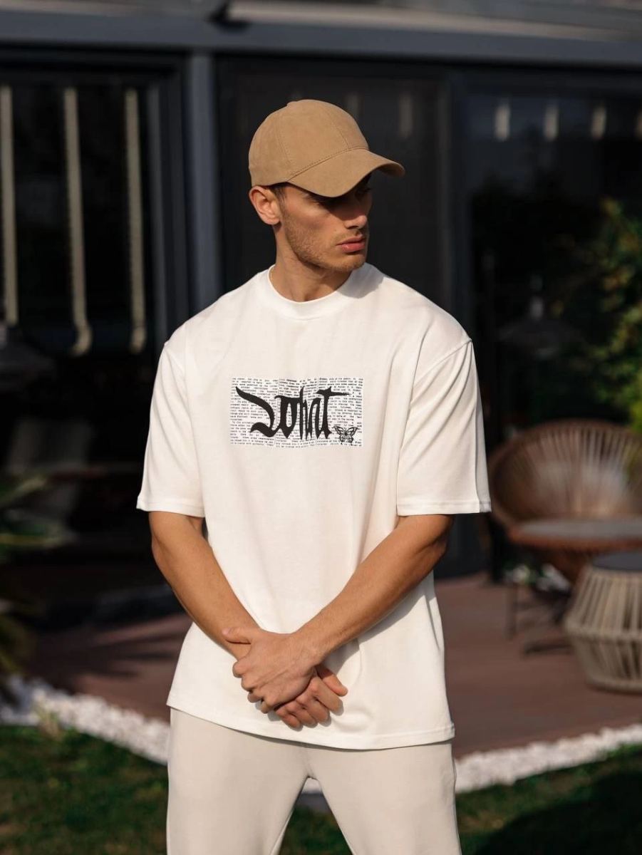 Erkek Kısa Kol Yazlık Tişört Bisiklet Yaka Baskılı Oversize T-Shirt - Beyaz