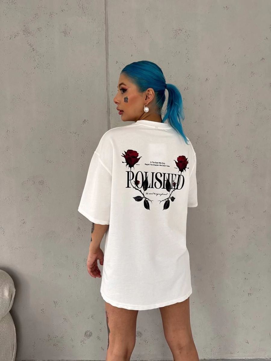 Kadın Bisiklet Yaka Baskılı Kısa kol Oversize T-Shirt - Beyaz