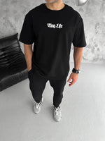 Erkek Kısa Kol Yazlık Tişört Bisiklet Yaka Baskılı Oversize T-Shirt - Siyah