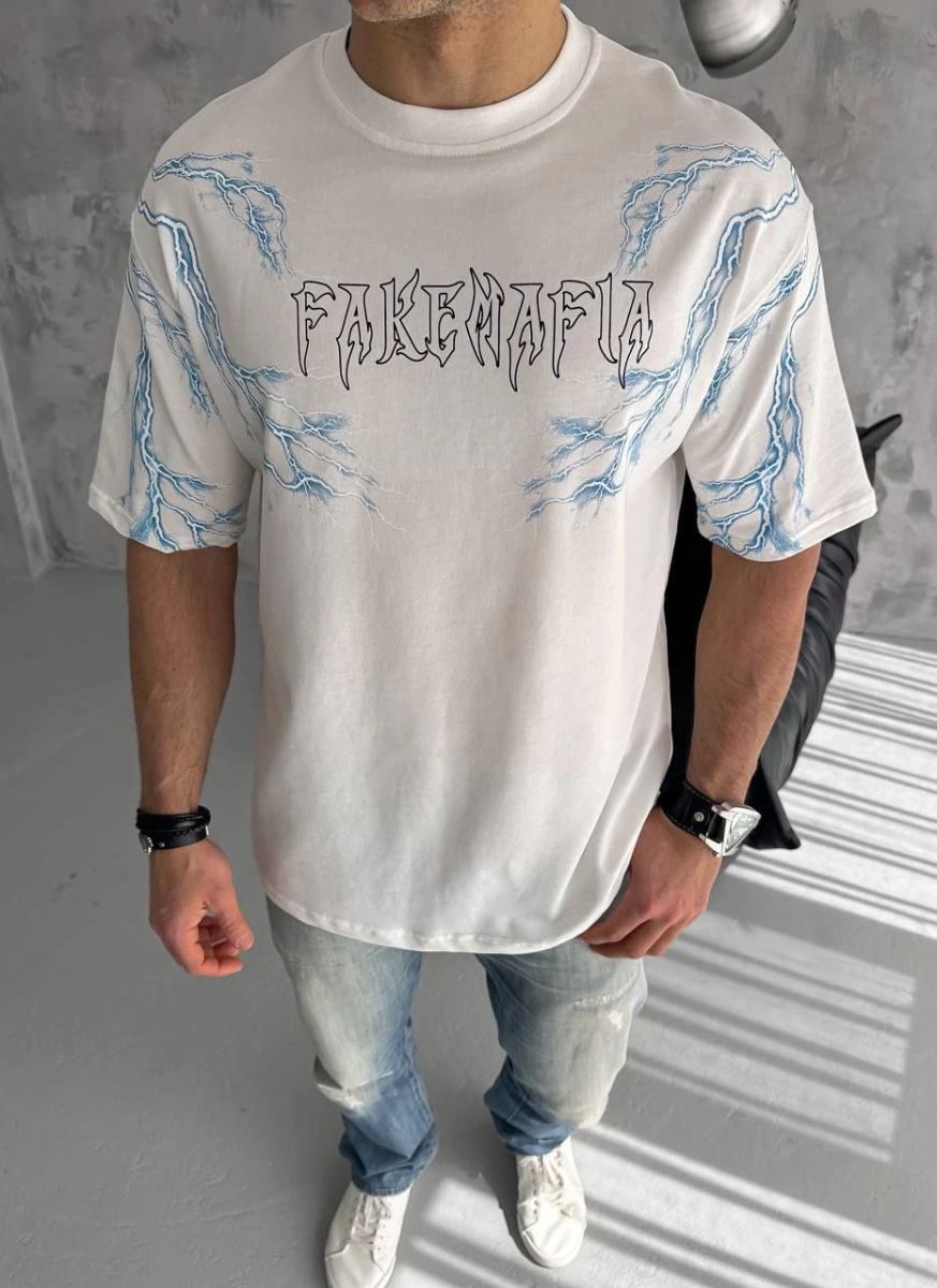 Erkek Bisiklet Yaka Yıldırım Baskılı  Kısa kol T-Shirt - Beyaz
