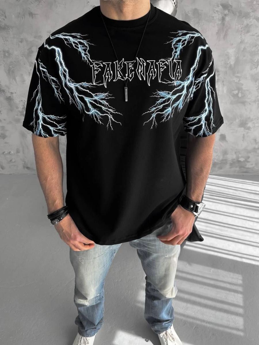 ERKEK Bisiklet Yaka Yıldırım Baskılı  Kısa kol T-Shirt-Siyah