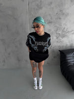 Kadın Bisiklet Yaka Yıldırım Baskılı  Kısa kol Oversize T-Shirt - Siyah