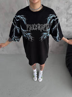 Kadın Bisiklet Yaka Yıldırım Baskılı  Kısa kol Oversize T-Shirt - Siyah