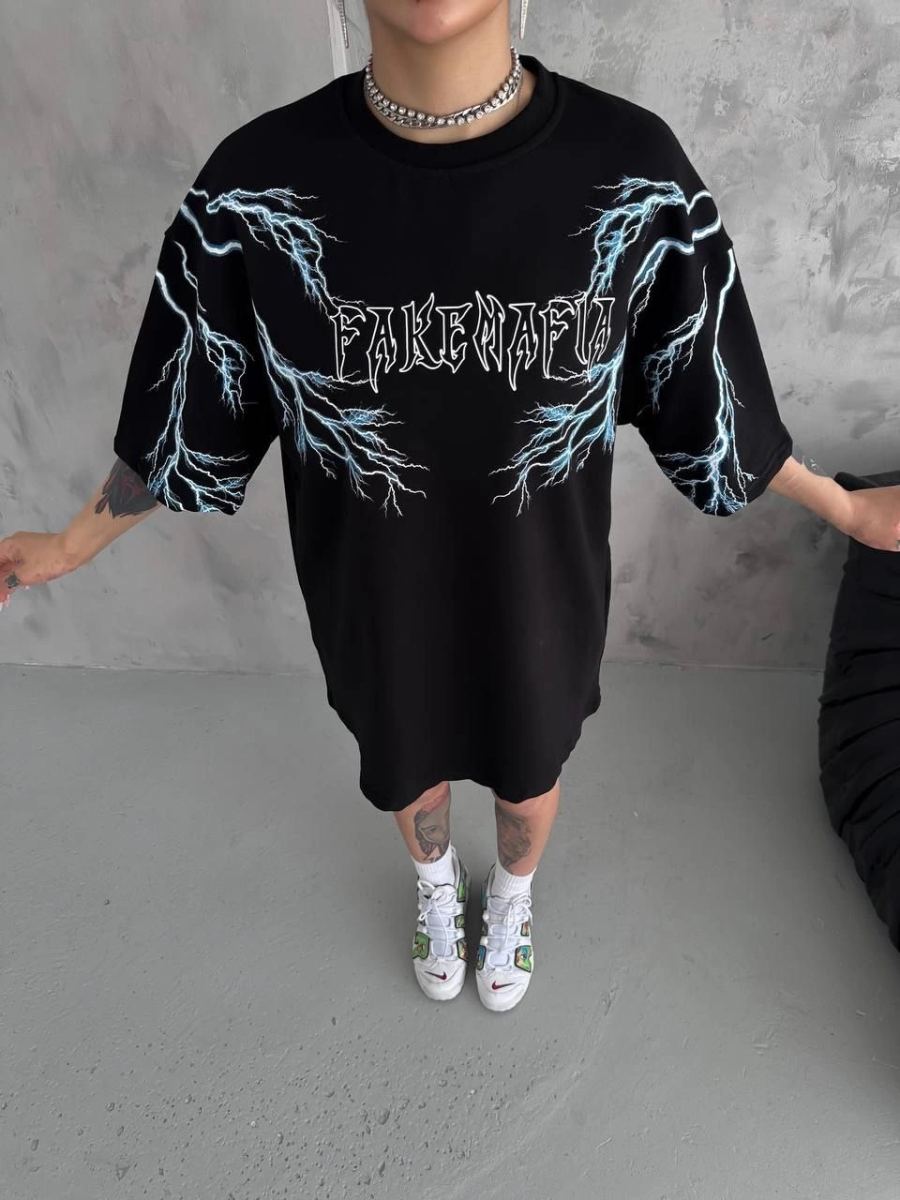 Kadın Bisiklet Yaka Yıldırım Baskılı  Kısa kol Oversize T-Shirt - Siyah
