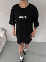 Kadın Kısa Kol Yazlık Tişört Bisiklet Yaka Baskılı Oversize T-Shirt -  Siyah