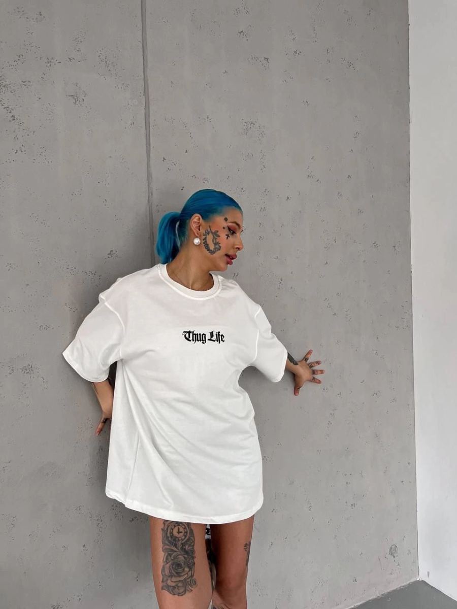 Kadın Kısa Kol Yazlık Tişört Bisiklet Yaka Baskılı Oversize T-Shirt - Beyaz