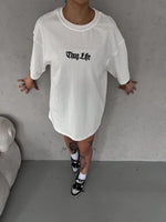 Kadın Kısa Kol Yazlık Tişört Bisiklet Yaka Baskılı Oversize T-Shirt - Beyaz