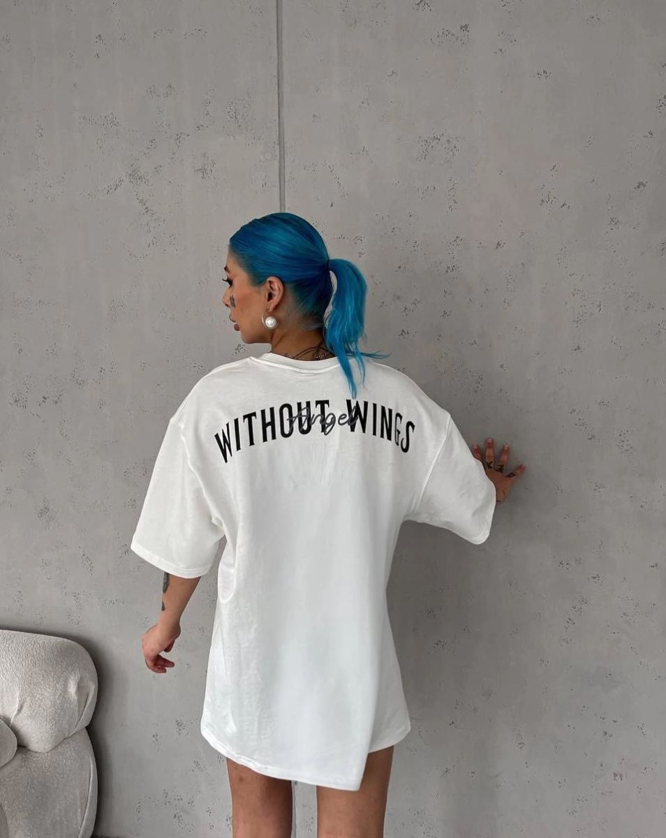 Kadın Kısa Kol Yazlık Tişört Bisiklet Yaka Baskılı Oversize T-Shirt - Beyaz