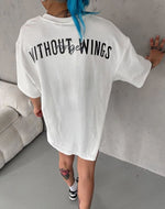 Kadın Kısa Kol Yazlık Tişört Bisiklet Yaka Baskılı Oversize T-Shirt - Beyaz