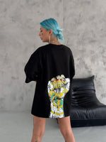 Kadın Kısa Kol Yazlık Tişört Bisiklet Yaka Baskılı Oversize T-Shirt - Siyah