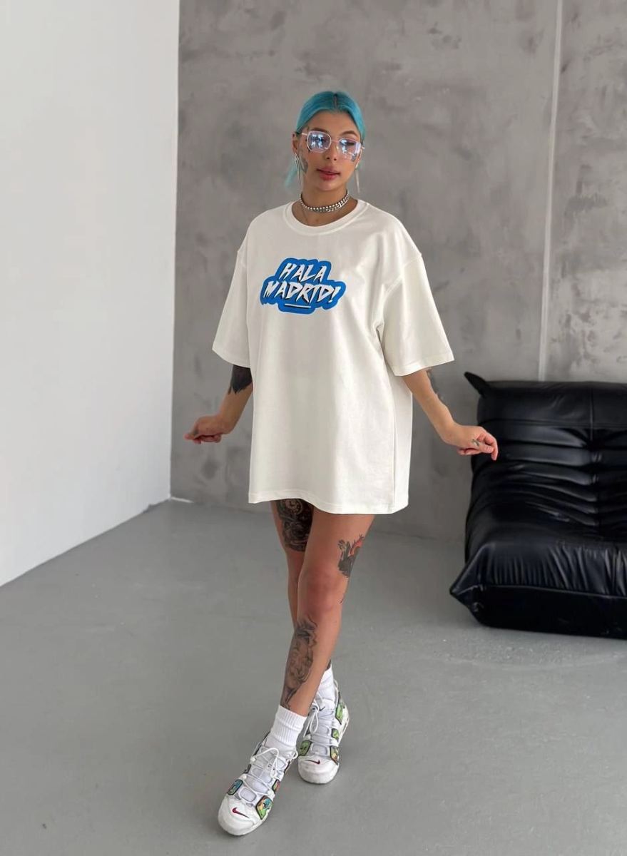 Kadın Kısa Kol Yazlık Tişört Bisiklet Yaka Baskılı Oversize T-Shirt - Beyaz