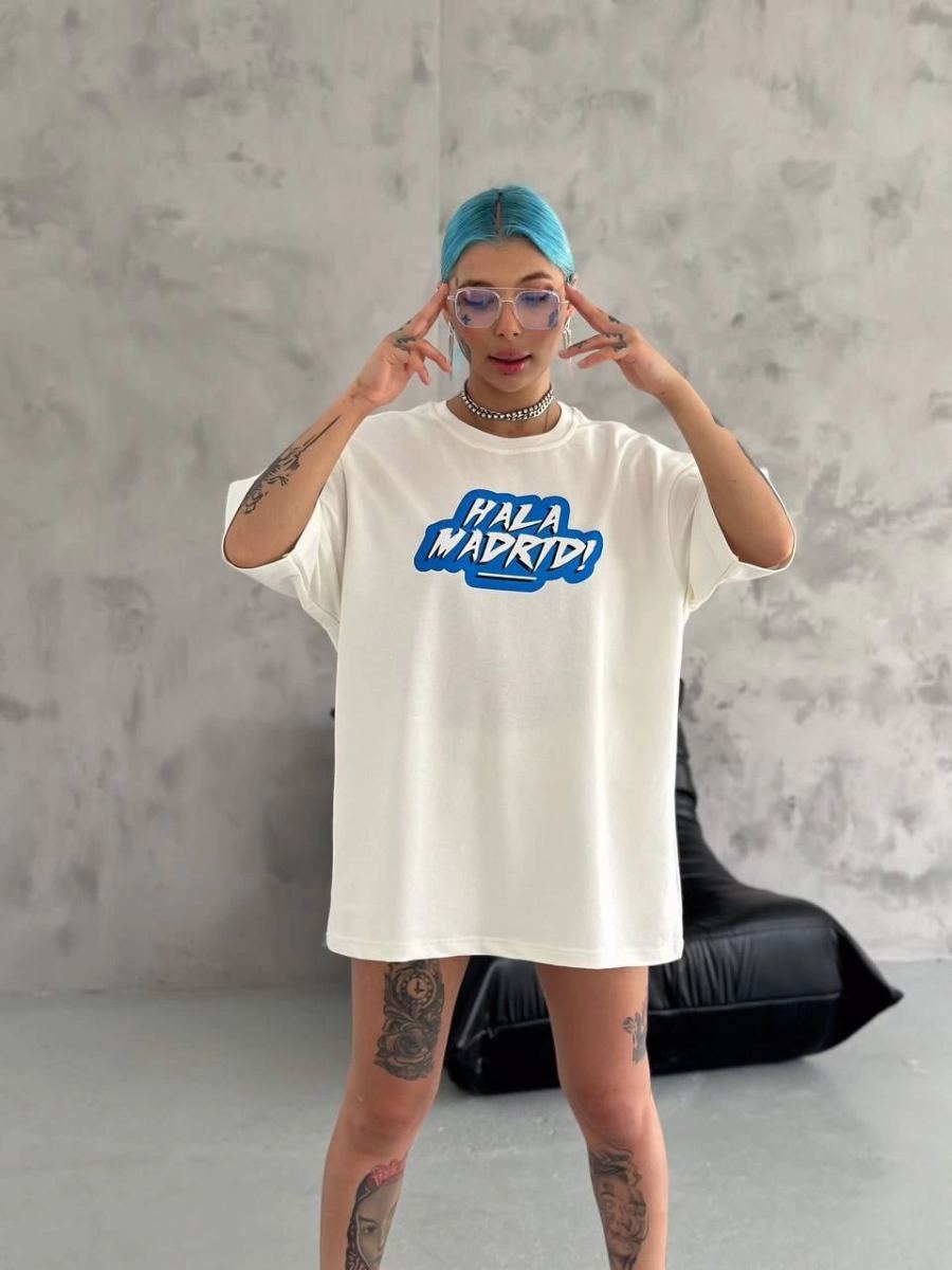 Kadın Kısa Kol Yazlık Tişört Bisiklet Yaka Baskılı Oversize T-Shirt - Beyaz