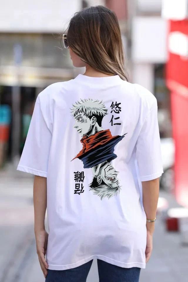 Kadın Baskılı T-Shirt Kısa Kol Bisiklet Yaka Oversize Rahat Kalıp Günlük Tişört - Beyaz