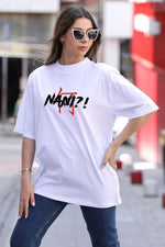 Kadın Baskılı T-Shirt Kısa Kol Bisiklet Yaka Oversize Rahat Kalıp Günlük Tişört - Beyaz