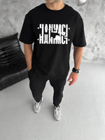 Erkek Tişört Kısa Kol Bisiklet Yaka Katlanan HANIMCI Baskılı T-Shirt - Siyah