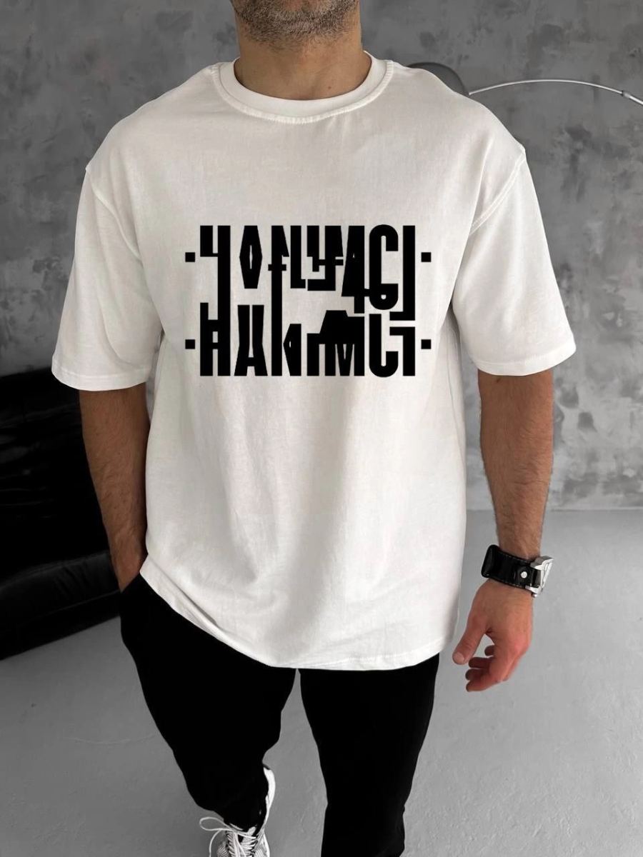 Erkek Tişört Kısa Kol Bisiklet Yaka Katlanan HANIMCI Baskılı T-Shirt - Beyaz