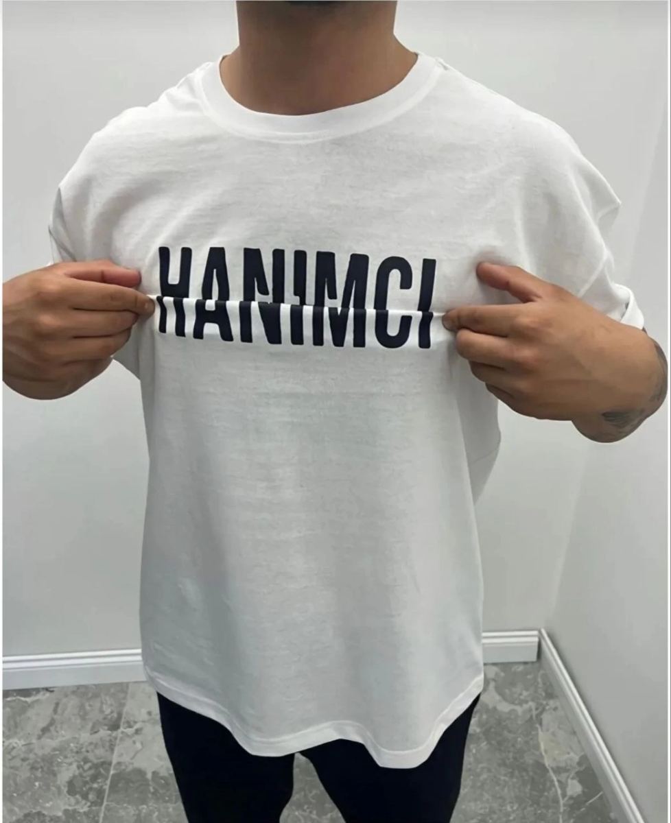 Erkek Tişört Kısa Kol Bisiklet Yaka Katlanan HANIMCI Baskılı T-Shirt - Beyaz