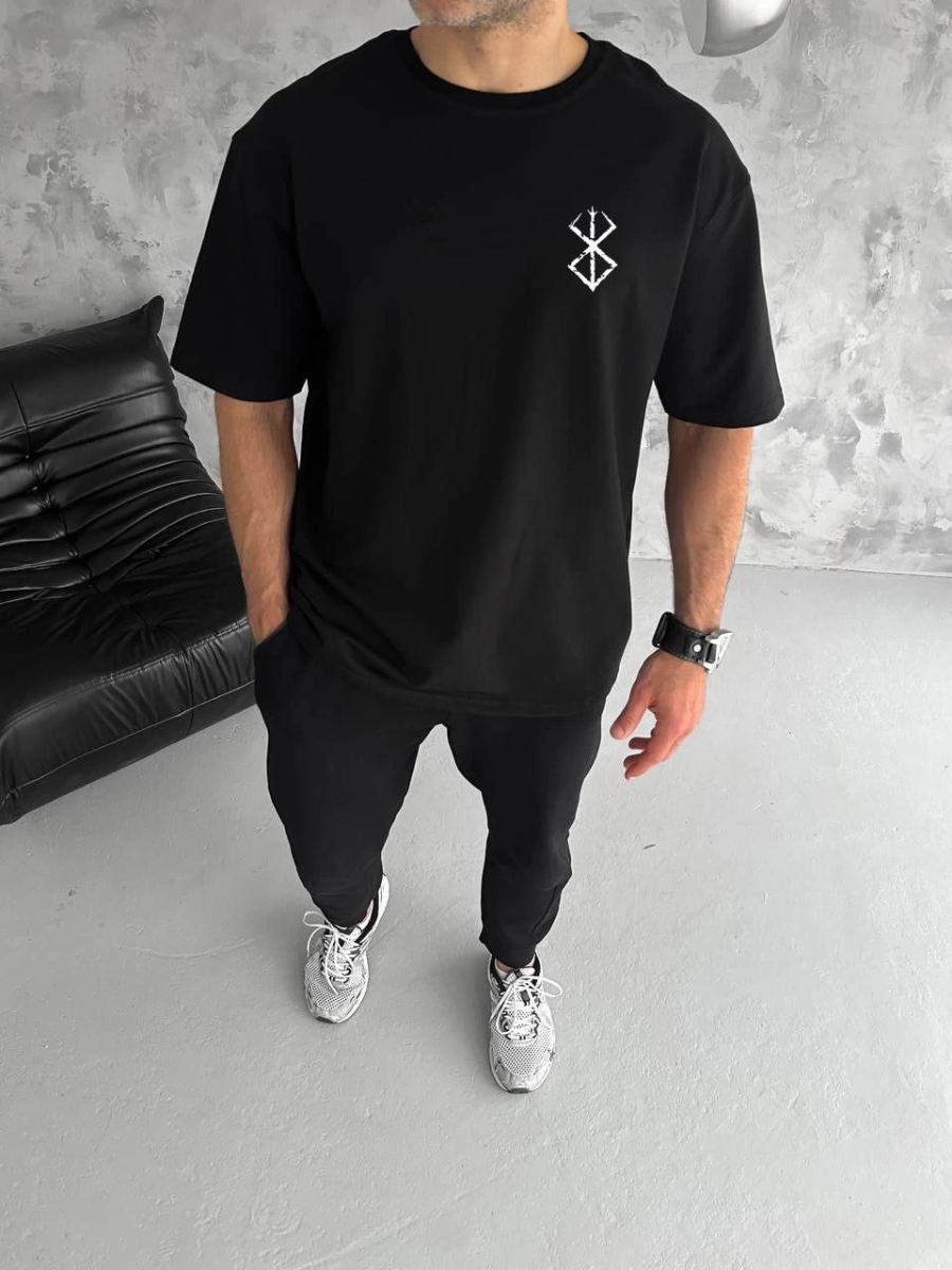 Erkek Kısa Kol Yazlık Tişört Bisiklet Yaka Baskılı Oversize T-Shirt - Siyah