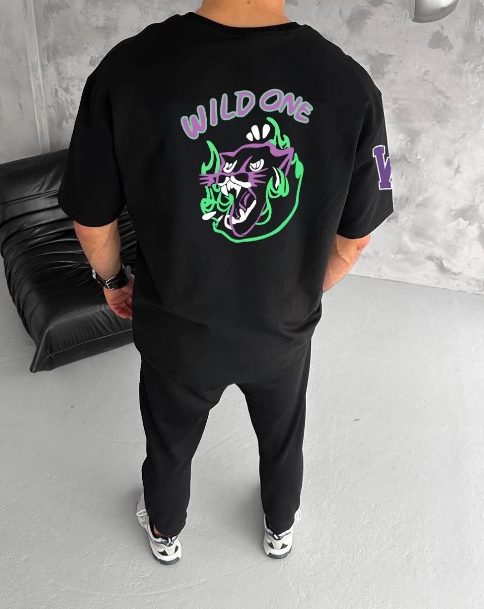 Erkek Kısa Kol Tişört Bisiklet Yaka W Wildone Baskılı T-Shirt - Siyah