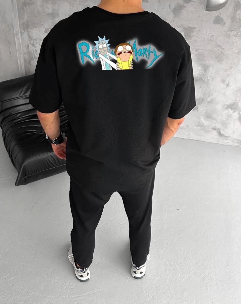 Erkek Kısa Kol Tişört Bisiklet Yaka RİCK AND MORTY Baskılı T-Shirt - Siyah