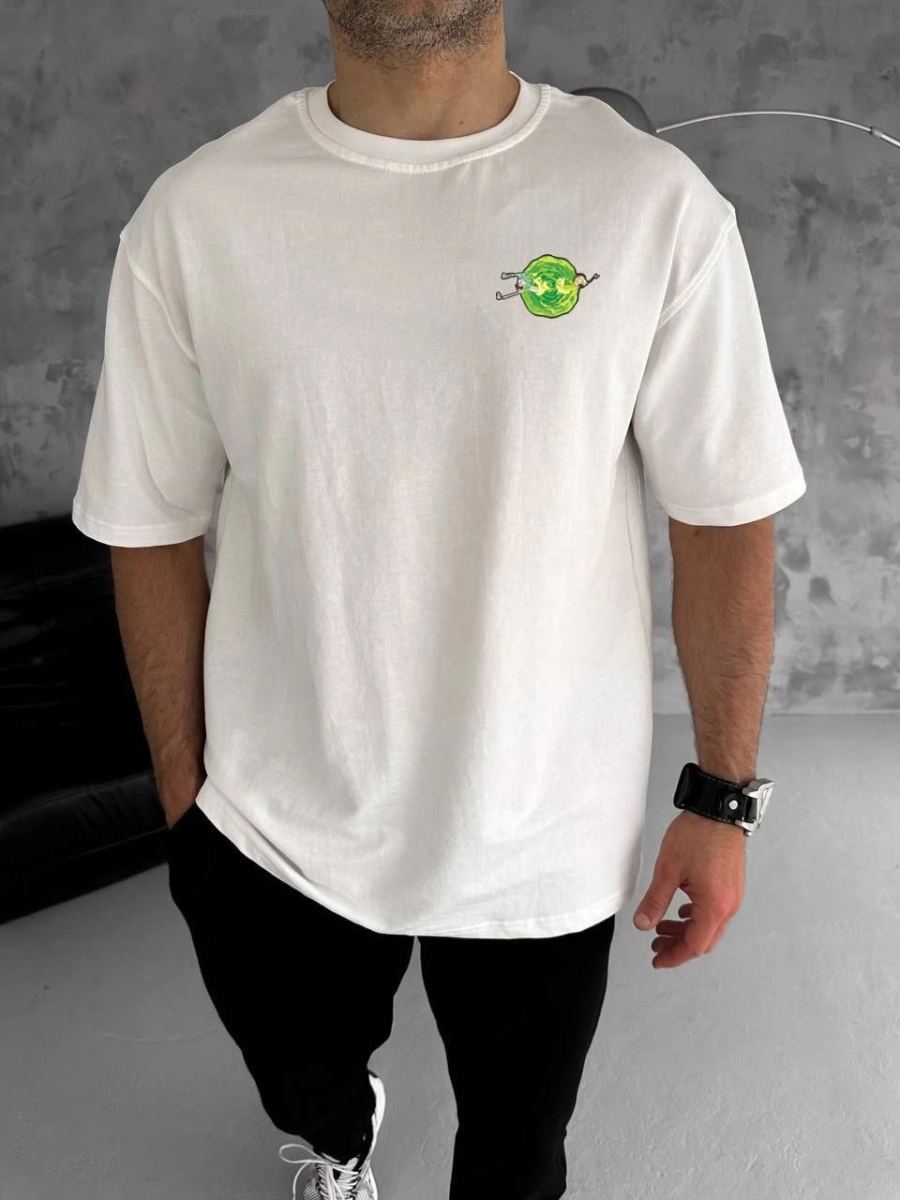Erkek Kısa Kol Tişört Bisiklet Yaka RİCK AND MORTY Baskılı T-Shirt - Beyaz