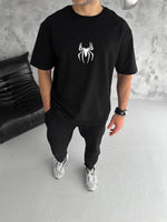 Erkek Kısa Kol Tişört Bisiklet Yaka ÖRÜMCEK Baskılı Oversize T-Shirt - Siyah