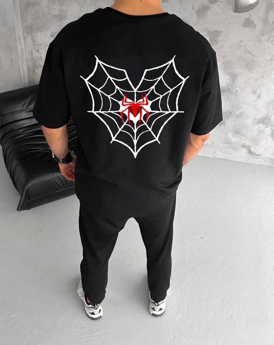 Erkek Kısa Kol Tişört Bisiklet Yaka ÖRÜMCEK Baskılı Oversize T-Shirt - Siyah